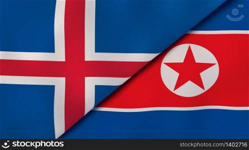 Two states flags of Iceland and North Korea. High quality business background. 3d illustration. The flags of Iceland and North Korea. News, reportage, business background. 3d illustration