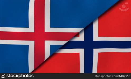 Two states flags of Iceland and Norway. High quality business background. 3d illustration. The flags of Iceland and Norway. News, reportage, business background. 3d illustration