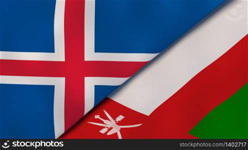 Two states flags of Iceland and Oman. High quality business background. 3d illustration. The flags of Iceland and Oman. News, reportage, business background. 3d illustration
