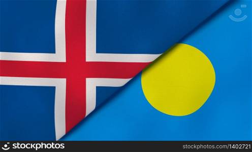 Two states flags of Iceland and Palau. High quality business background. 3d illustration. The flags of Iceland and Palau. News, reportage, business background. 3d illustration