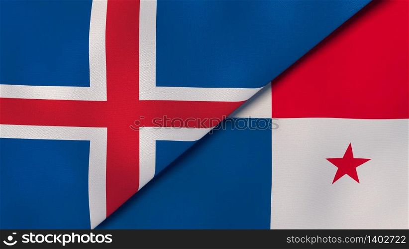 Two states flags of Iceland and Panama. High quality business background. 3d illustration. The flags of Iceland and Panama. News, reportage, business background. 3d illustration