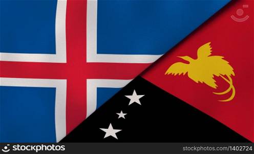 Two states flags of Iceland and Papua New Guinea. High quality business background. 3d illustration. The flags of Iceland and Papua New Guinea. News, reportage, business background. 3d illustration
