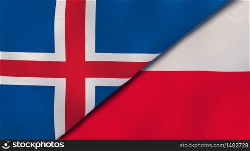 Two states flags of Iceland and Poland. High quality business background. 3d illustration. The flags of Iceland and Poland. News, reportage, business background. 3d illustration