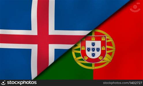 Two states flags of Iceland and Portugal. High quality business background. 3d illustration. The flags of Iceland and Portugal. News, reportage, business background. 3d illustration
