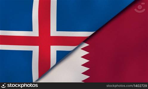 Two states flags of Iceland and Qatar. High quality business background. 3d illustration. The flags of Iceland and Qatar. News, reportage, business background. 3d illustration