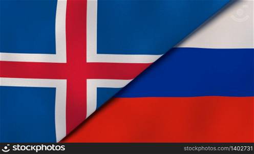 Two states flags of Iceland and Russia. High quality business background. 3d illustration. The flags of Iceland and Russia. News, reportage, business background. 3d illustration