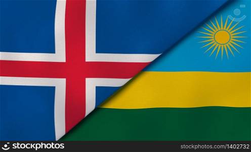 Two states flags of Iceland and Rwanda. High quality business background. 3d illustration. The flags of Iceland and Rwanda. News, reportage, business background. 3d illustration