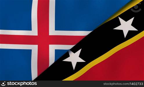 Two states flags of Iceland and Saint Kitts and Nevis. High quality business background. 3d illustration. The flags of Iceland and Saint Kitts and Nevis. News, reportage, business background. 3d illustration