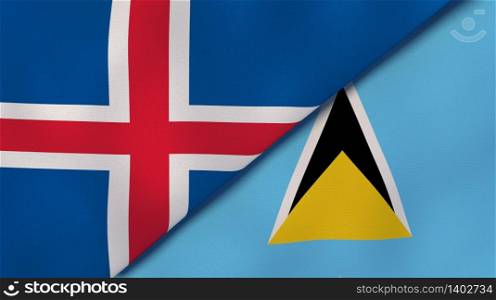 Two states flags of Iceland and Saint Lucia. High quality business background. 3d illustration. The flags of Iceland and Saint Lucia. News, reportage, business background. 3d illustration