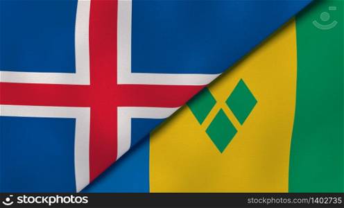 Two states flags of Iceland and Saint Vincent and Grenadines. High quality business background. 3d illustration. The flags of Iceland and Saint Vincent and Grenadines. News, reportage, business background. 3d illustration
