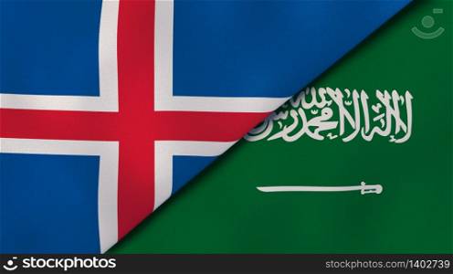 Two states flags of Iceland and Saudi Arabia. High quality business background. 3d illustration. The flags of Iceland and Saudi Arabia. News, reportage, business background. 3d illustration