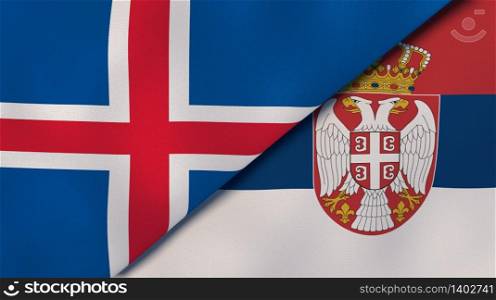 Two states flags of Iceland and Serbia. High quality business background. 3d illustration. The flags of Iceland and Serbia. News, reportage, business background. 3d illustration