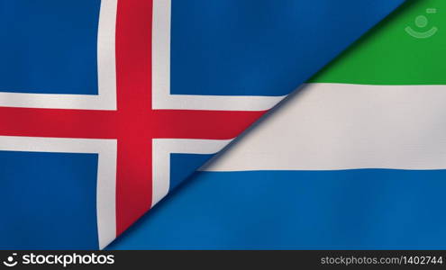 Two states flags of Iceland and Sierra Leone. High quality business background. 3d illustration. The flags of Iceland and Sierra Leone. News, reportage, business background. 3d illustration