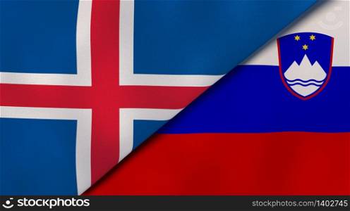 Two states flags of Iceland and Slovenia. High quality business background. 3d illustration. The flags of Iceland and Slovenia. News, reportage, business background. 3d illustration