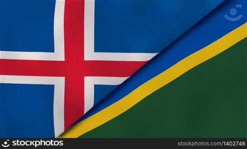 Two states flags of Iceland and Solomon Islands. High quality business background. 3d illustration. The flags of Iceland and Solomon Islands. News, reportage, business background. 3d illustration