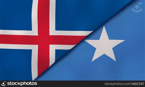 Two states flags of Iceland and Somalia. High quality business background. 3d illustration. The flags of Iceland and Somalia. News, reportage, business background. 3d illustration