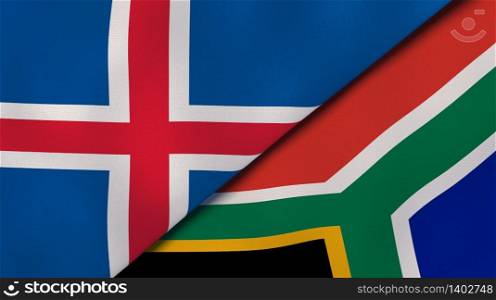 Two states flags of Iceland and South Africa. High quality business background. 3d illustration. The flags of Iceland and South Africa. News, reportage, business background. 3d illustration