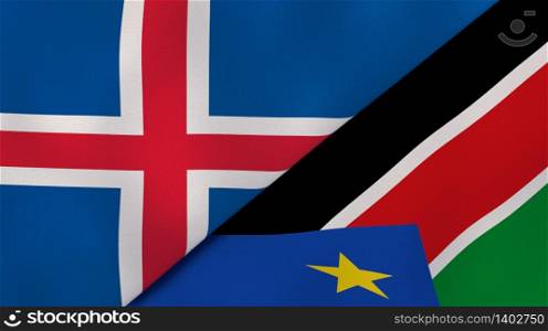 Two states flags of Iceland and South Sudan. High quality business background. 3d illustration. The flags of Iceland and South Sudan. News, reportage, business background. 3d illustration
