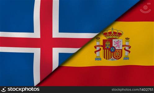 Two states flags of Iceland and Spain. High quality business background. 3d illustration. The flags of Iceland and Spain. News, reportage, business background. 3d illustration