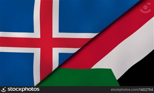 Two states flags of Iceland and Sudan. High quality business background. 3d illustration. The flags of Iceland and Sudan. News, reportage, business background. 3d illustration