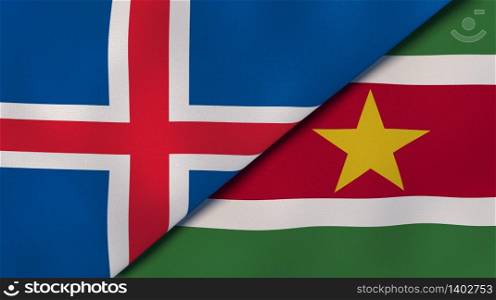 Two states flags of Iceland and Suriname. High quality business background. 3d illustration. The flags of Iceland and Suriname. News, reportage, business background. 3d illustration