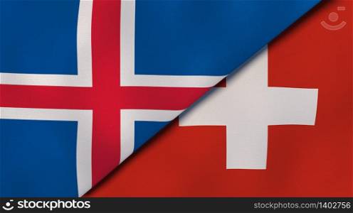 Two states flags of Iceland and Switzerland. High quality business background. 3d illustration. The flags of Iceland and Switzerland. News, reportage, business background. 3d illustration
