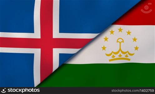 Two states flags of Iceland and Tajikistan. High quality business background. 3d illustration. The flags of Iceland and Tajikistan. News, reportage, business background. 3d illustration