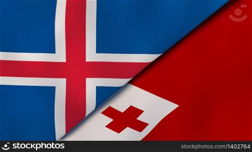 Two states flags of Iceland and Tonga. High quality business background. 3d illustration. The flags of Iceland and Tonga. News, reportage, business background. 3d illustration