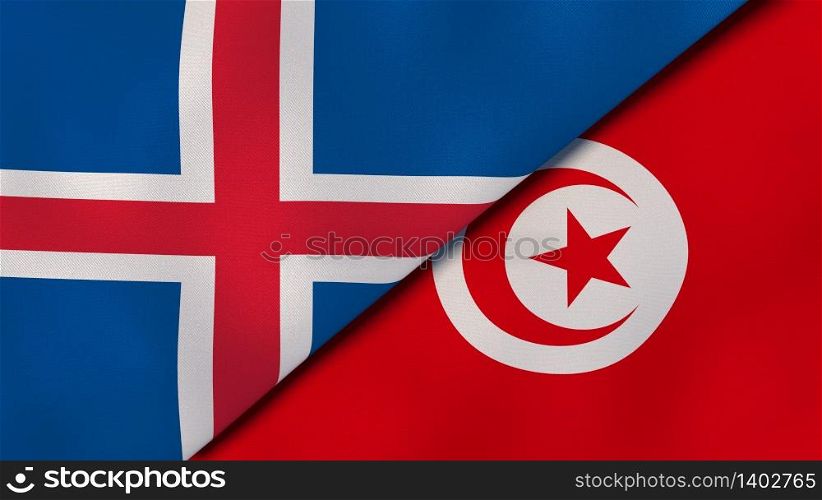 Two states flags of Iceland and Tunisia. High quality business background. 3d illustration. The flags of Iceland and Tunisia. News, reportage, business background. 3d illustration