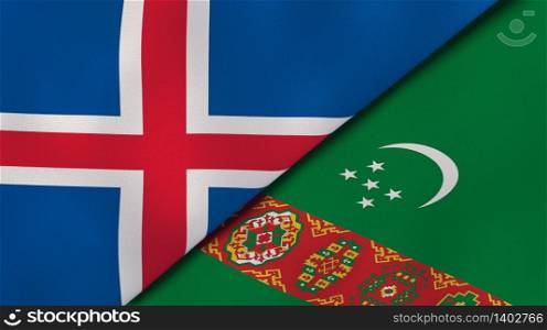 Two states flags of Iceland and Turkmenistan. High quality business background. 3d illustration. The flags of Iceland and Turkmenistan. News, reportage, business background. 3d illustration