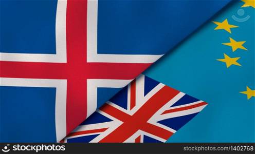 Two states flags of Iceland and Tuvalu. High quality business background. 3d illustration. The flags of Iceland and Tuvalu. News, reportage, business background. 3d illustration
