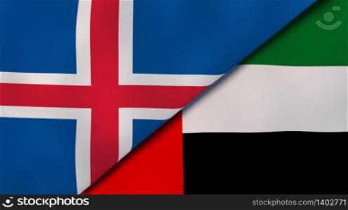 Two states flags of Iceland and United Arab Emirates. High quality business background. 3d illustration. The flags of Iceland and United Arab Emirates. News, reportage, business background. 3d illustration