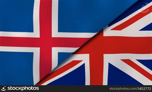 Two states flags of Iceland and United Kingdom. High quality business background. 3d illustration. The flags of Iceland and United Kingdom. News, reportage, business background. 3d illustration