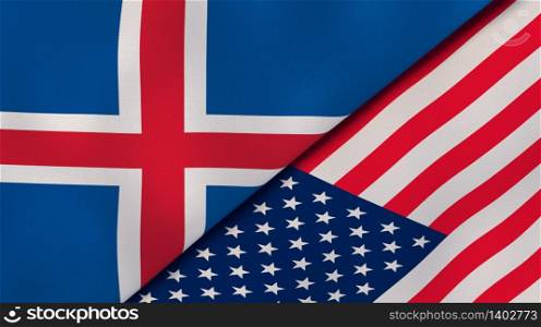 Two states flags of Iceland and United States. High quality business background. 3d illustration. The flags of Iceland and United States. News, reportage, business background. 3d illustration