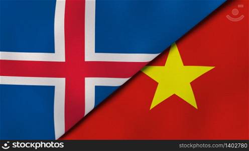 Two states flags of Iceland and Vietnam. High quality business background. 3d illustration. The flags of Iceland and Vietnam. News, reportage, business background. 3d illustration