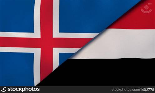 Two states flags of Iceland and Yemen. High quality business background. 3d illustration. The flags of Iceland and Yemen. News, reportage, business background. 3d illustration