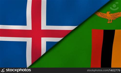 Two states flags of Iceland and Zambia. High quality business background. 3d illustration. The flags of Iceland and Zambia. News, reportage, business background. 3d illustration