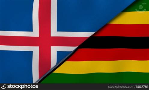 Two states flags of Iceland and Zimbabwe. High quality business background. 3d illustration. The flags of Iceland and Zimbabwe. News, reportage, business background. 3d illustration