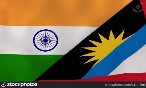 Two states flags of India and Antigua and Barbuda. High quality business background. 3d illustration. The flags of India and Antigua and Barbuda. News, reportage, business background. 3d illustration
