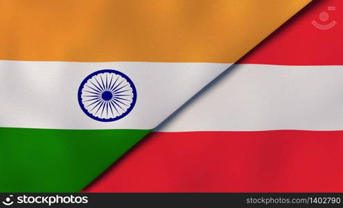 Two states flags of India and Austria. High quality business background. 3d illustration. The flags of India and Austria. News, reportage, business background. 3d illustration