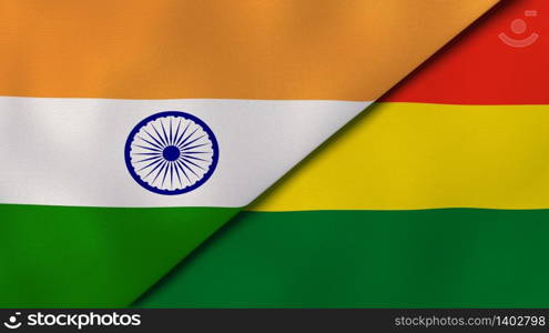 Two states flags of India and Bolivia. High quality business background. 3d illustration. The flags of India and Bolivia. News, reportage, business background. 3d illustration