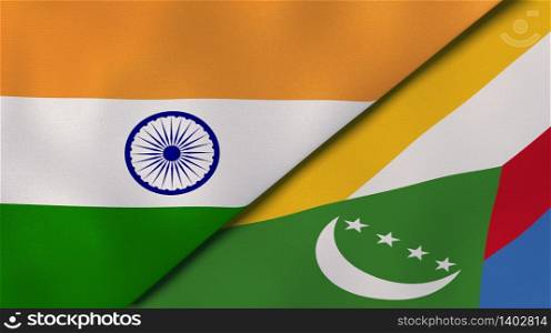 Two states flags of India and Comoros. High quality business background. 3d illustration. The flags of India and Comoros. News, reportage, business background. 3d illustration