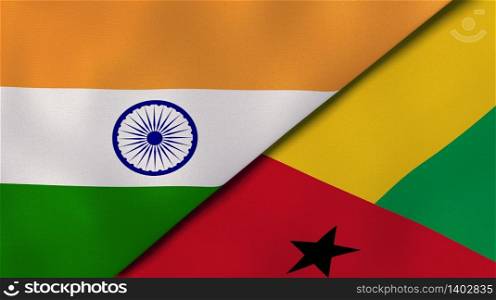 Two states flags of India and Guinea Bissau. High quality business background. 3d illustration. The flags of India and Guinea Bissau. News, reportage, business background. 3d illustration