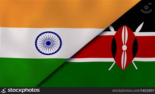 Two states flags of India and Kenya. High quality business background. 3d illustration. The flags of India and Kenya. News, reportage, business background. 3d illustration