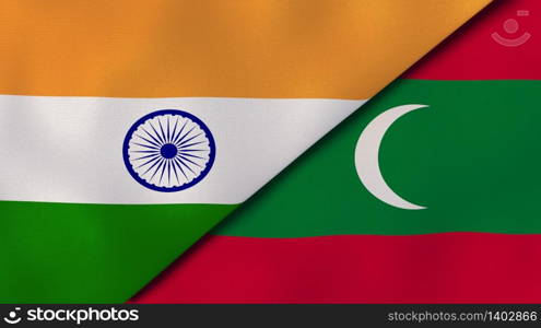 Two states flags of India and Maldives. High quality business background. 3d illustration. The flags of India and Maldives. News, reportage, business background. 3d illustration