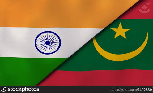 Two states flags of India and Mauritania. High quality business background. 3d illustration. The flags of India and Mauritania. News, reportage, business background. 3d illustration