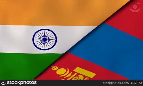 Two states flags of India and Mongolia. High quality business background. 3d illustration. The flags of India and Mongolia. News, reportage, business background. 3d illustration