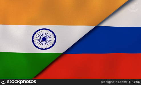 Two states flags of India and Russia. High quality business background. 3d illustration. The flags of India and Russia. News, reportage, business background. 3d illustration