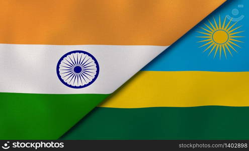 Two states flags of India and Rwanda. High quality business background. 3d illustration. The flags of India and Rwanda. News, reportage, business background. 3d illustration