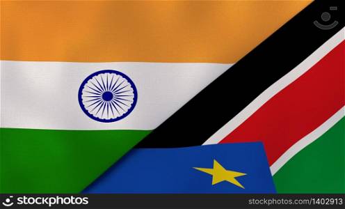 Two states flags of India and South Sudan. High quality business background. 3d illustration. The flags of India and South Sudan. News, reportage, business background. 3d illustration